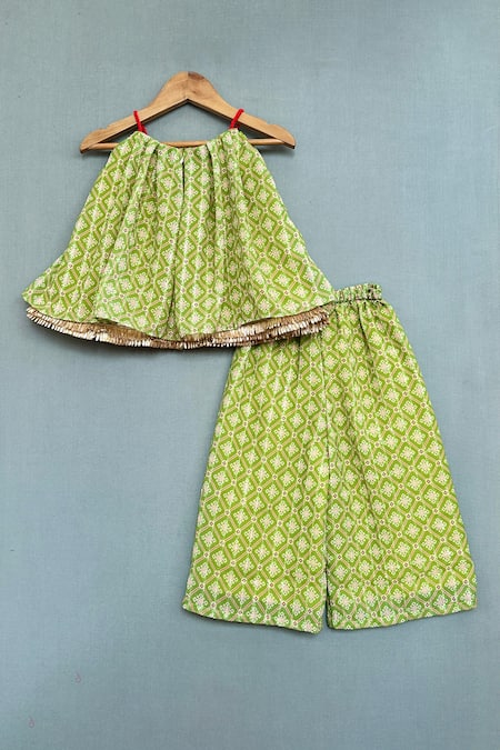 Shop_Label Neeti_Green Georgette, Cotton Tassels Geometric Print Top And Palazzo Set _at_Aza_Fashions