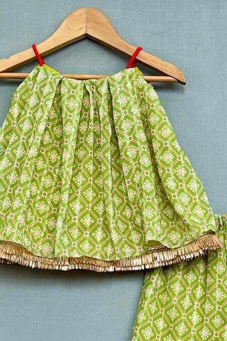 Label Neeti_Green Georgette, Cotton Tassels Geometric Print Top And Palazzo Set _Online_at_Aza_Fashions