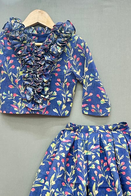 Label Neeti_Blue Cotton Ruffles Floral Print Crop Top And Skirt Set _Online_at_Aza_Fashions