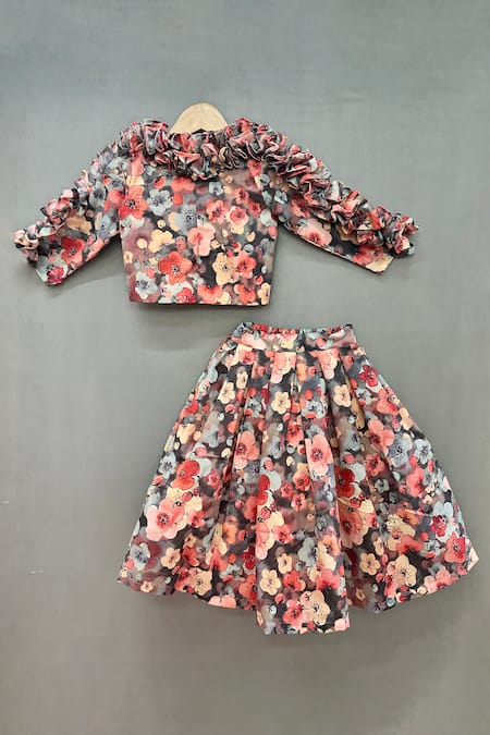 Shop_Label Neeti_Multi Color Cotton Ruffles Flower Print Crop Top And Skirt Set _at_Aza_Fashions