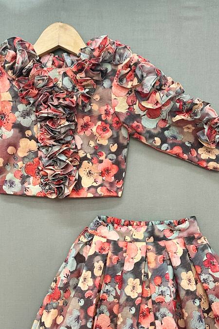 Label Neeti_Multi Color Cotton Ruffles Flower Print Crop Top And Skirt Set _Online_at_Aza_Fashions