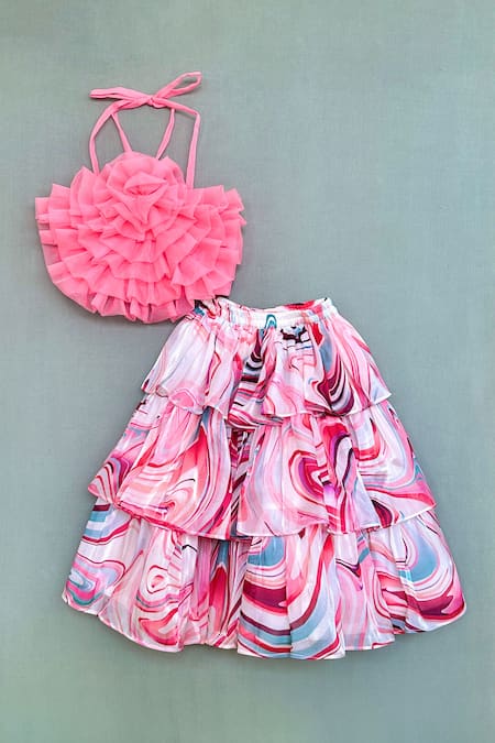 Label Neeti Pink Organza Printed Swirl Skirt And Top Set 