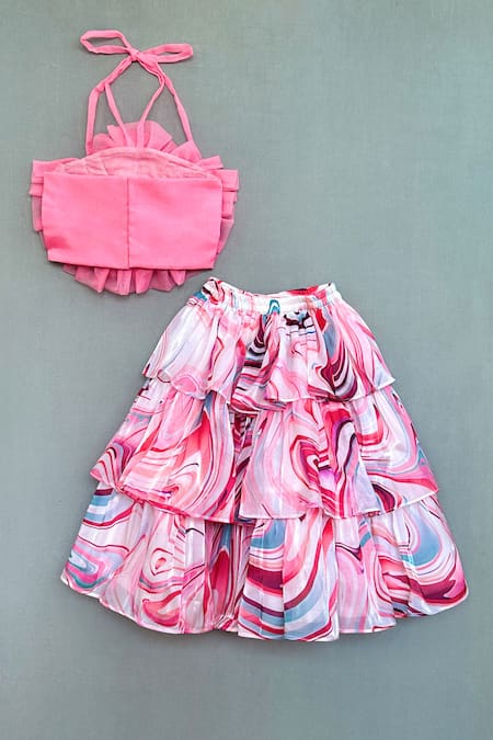 Shop_Label Neeti_Pink Organza, Satin, Cotton Fabric Flowers Swirl Print Skirt And Top Set _at_Aza_Fashions