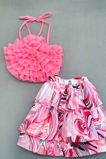 Label Neeti_Pink Organza, Satin, Cotton Fabric Flowers Swirl Print Skirt And Top Set _Online_at_Aza_Fashions