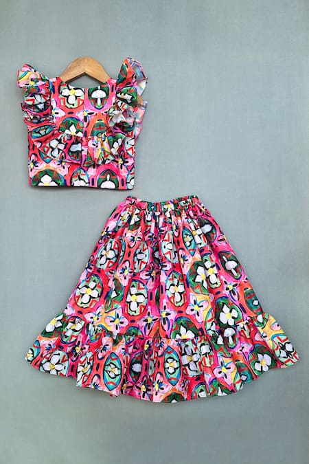 Shop_Label Neeti_Multi Color Muslin, Cotton Bows Abstract Print Skirt And Top Set _at_Aza_Fashions