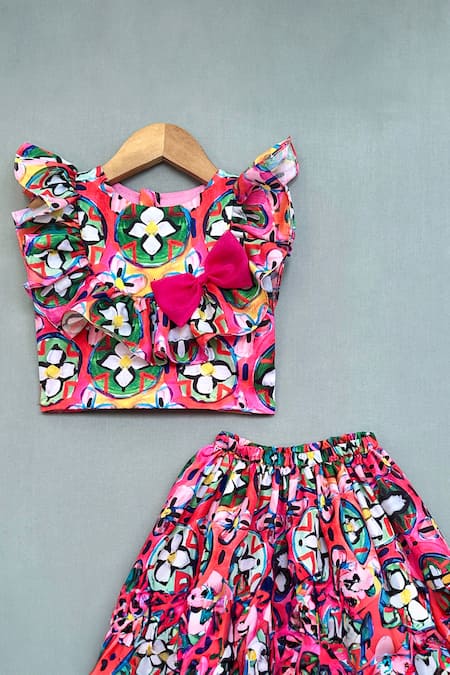 Label Neeti_Multi Color Muslin, Cotton Bows Abstract Print Skirt And Top Set _Online_at_Aza_Fashions