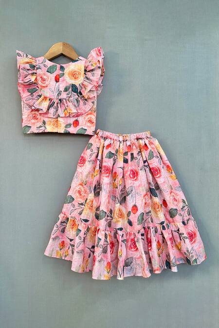 Shop_Label Neeti_Multi Color Muslin, Cotton Bows Rose Print Skirt And Top Set _at_Aza_Fashions
