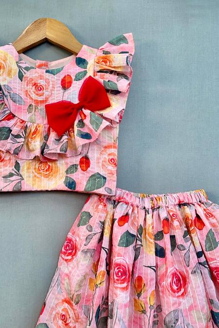 Label Neeti_Multi Color Muslin, Cotton Bows Rose Print Skirt And Top Set _Online_at_Aza_Fashions
