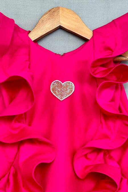 Label Neeti_Pink Cotton Beads, Pearls Ruffle 3d Heart Embroidered Dress _Online_at_Aza_Fashions