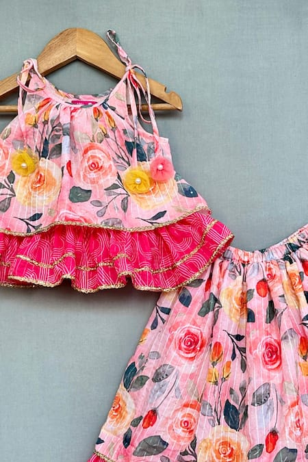 Label Neeti_Pink Cotton Blossom Print Tiered Lehenga And Top Set _Online_at_Aza_Fashions