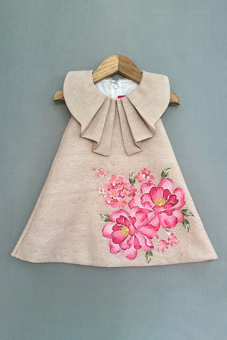 Label Neeti Beige Linen Jute Embroidery Floral Applique Work Dress 