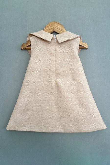 Shop_Label Neeti_Beige Linen, Jersey, Cotton Fabric Flowers Floral Applique Work Dress _at_Aza_Fashions