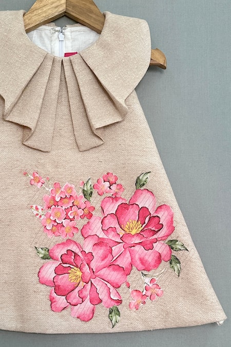 Label Neeti_Beige Linen, Jersey, Cotton Fabric Flowers Floral Applique Work Dress _Online_at_Aza_Fashions