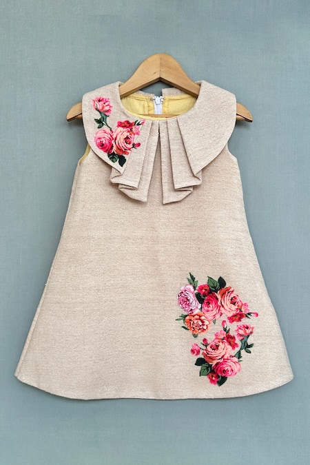 Label Neeti Beige Linen Jute Embroidery Floral Applique Flower Work Dress 