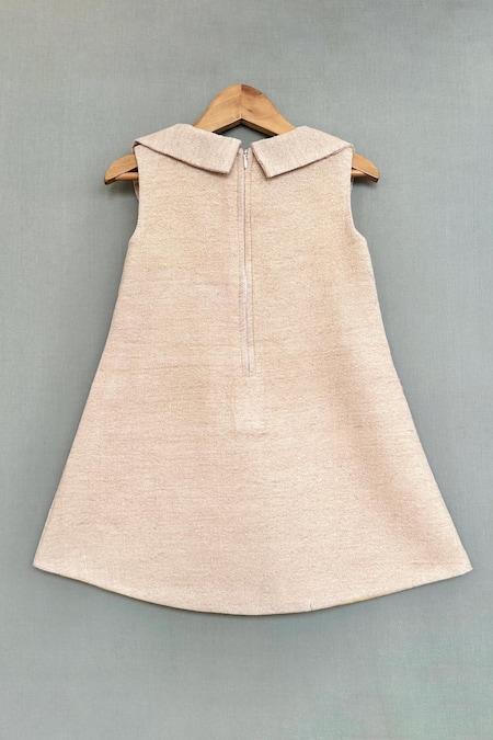 Shop_Label Neeti_Beige Linen, Cotton Fabric Flowers Applique Work Dress _at_Aza_Fashions