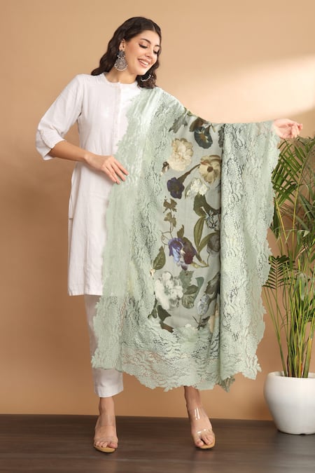 Modarta_Green Wool Floral Print Shawl_Online_at_Aza_Fashions