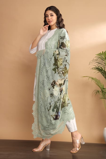 Buy_Modarta_Green Wool Floral Print Shawl_Online_at_Aza_Fashions