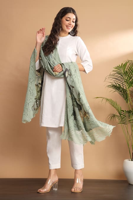 Modarta_Green Wool Floral Print Shawl_at_Aza_Fashions