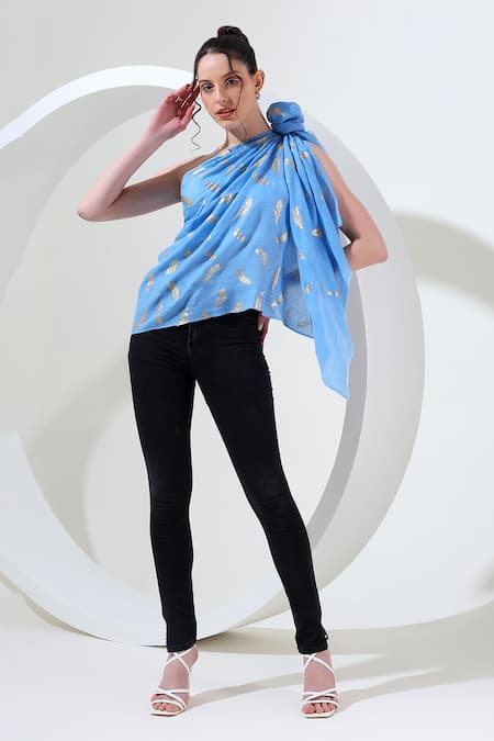 Shop_Modarta_Blue Feather Print Shawl _at_Aza_Fashions