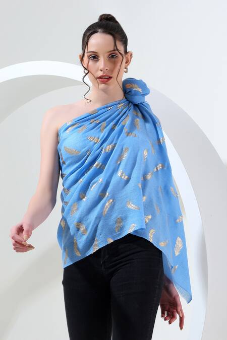 Modarta_Blue Feather Print Shawl _Online_at_Aza_Fashions