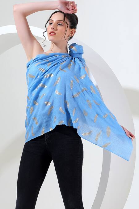 Buy_Modarta_Blue Feather Print Shawl _Online_at_Aza_Fashions