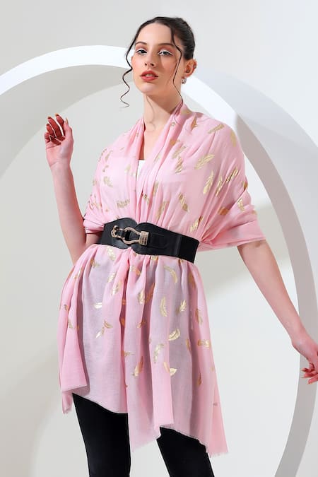 Shop_Modarta_Pink Wool Feather Print Shawl _at_Aza_Fashions