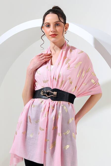Modarta_Pink Wool Feather Print Shawl _Online_at_Aza_Fashions