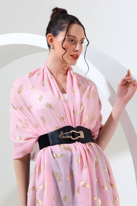 Buy_Modarta_Pink Wool Feather Print Shawl _Online_at_Aza_Fashions