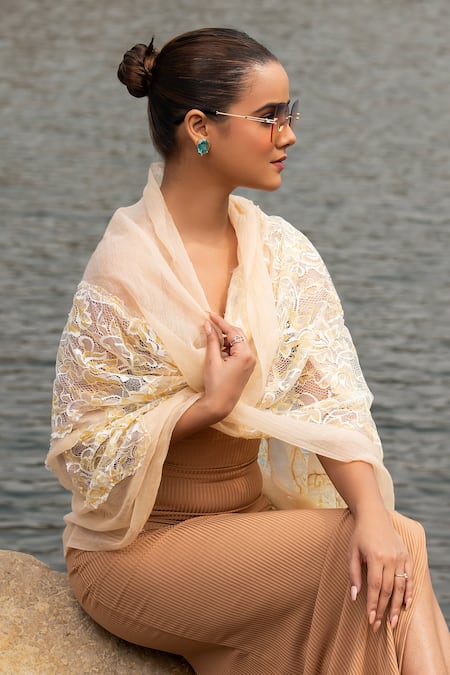 Shop Modarta Beige Floral Lace Embroidered Stole Online at Aza Fashions Shop_Modarta_Beige Floral Lace Embroidered Stole _Online_at_Aza_Fashions
