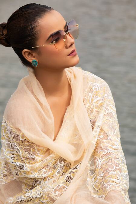 Modarta Beige Floral Lace Embroidered Stole at Aza Fashions Modarta_Beige Floral Lace Embroidered Stole _at_Aza_Fashions