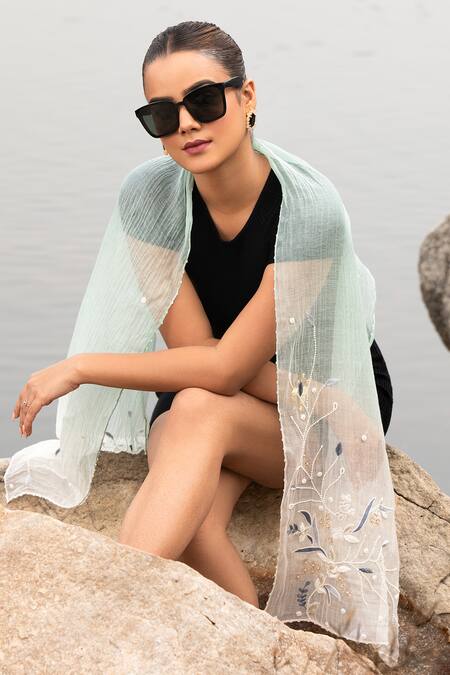 Shop_Modarta_White Hand Embroidered Ombre Stole _at_Aza_Fashions