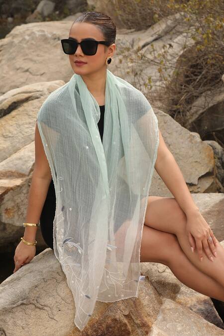 Modarta_White Hand Embroidered Ombre Stole _Online_at_Aza_Fashions