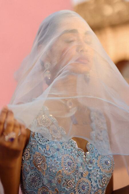 Awigna_Blue Net, , Silk Sequins, Magnolia Peplum Blouse Lehenga Set_Online_at_Aza_Fashions