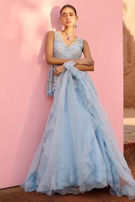 Buy_Awigna_Blue Net, , Silk Sequins, Magnolia Peplum Blouse Lehenga Set_Online_at_Aza_Fashions