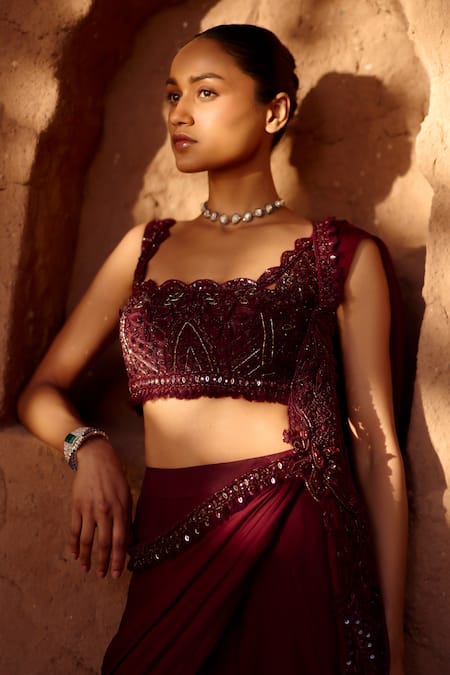 Shop Awigna Wine Net, Satin, Georgette Sequins, Beads Laleh Embroidered Blouse Lehenga Set at Aza Fashions Shop_Awigna_Wine Net, Satin, Georgette Sequins, Beads Laleh Embroidered Blouse Lehenga Set_at_Aza_Fashions