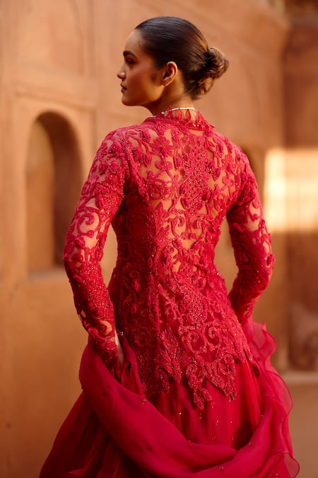 Shop Awigna Red Net, Organza, Silk Carmine Floral Embroidered Peplum Blouse Lehenga Set at Aza Fashions Shop_Awigna_Red Net, Organza, Silk Carmine Floral Embroidered Peplum Blouse Lehenga Set _at_Aza_Fashions