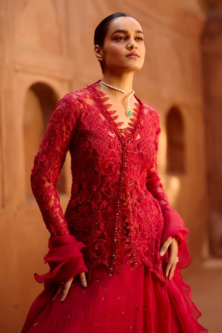 Awigna Red Net, Organza, Silk Carmine Floral Embroidered Peplum Blouse Lehenga Set Online at Aza Fashions Awigna_Red Net, Organza, Silk Carmine Floral Embroidered Peplum Blouse Lehenga Set _Online_at_Aza_Fashions