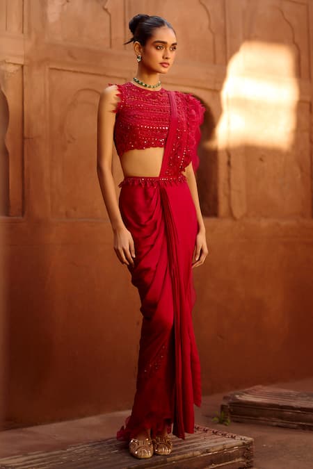 Shop Awigna Red Net, Satin, Georgette Garnet Embroidered Blouse With Pre-draped Saree at Aza Fashions Shop_Awigna_Red Net, Satin, Georgette Garnet Embroidered Blouse With Pre-draped Saree _at_Aza_Fashions
