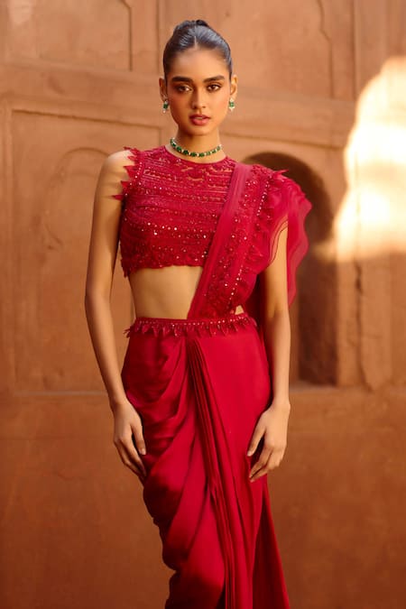 Awigna Red Net, Satin, Georgette Garnet Embroidered Blouse With Pre-draped Saree Online at Aza Fashions Awigna_Red Net, Satin, Georgette Garnet Embroidered Blouse With Pre-draped Saree _Online_at_Aza_Fashions