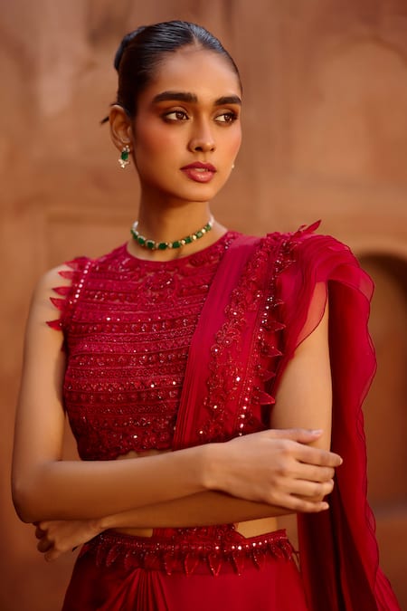Buy Awigna Red Net, Satin, Georgette Garnet Embroidered Blouse With Pre-draped Saree Online at Aza Fashions Buy_Awigna_Red Net, Satin, Georgette Garnet Embroidered Blouse With Pre-draped Saree _Online_at_Aza_Fashions