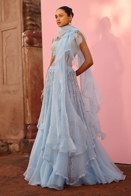 Shop Awigna Blue , Net, Silk Embroidered Asymmetric Layered Lehenga Set at Aza Fashions Shop_Awigna_Blue , Net, Silk Embroidered Asymmetric Layered Lehenga Set _at_Aza_Fashions