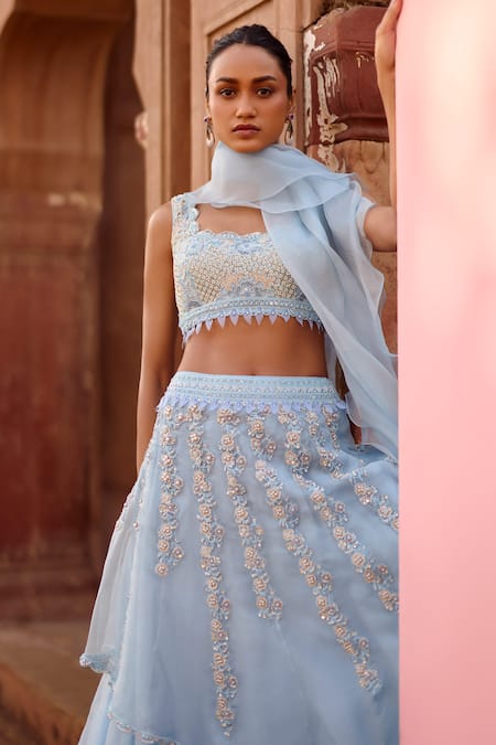 Awigna Blue , Net, Silk Embroidered Asymmetric Layered Lehenga Set Online at Aza Fashions Awigna_Blue , Net, Silk Embroidered Asymmetric Layered Lehenga Set _Online_at_Aza_Fashions