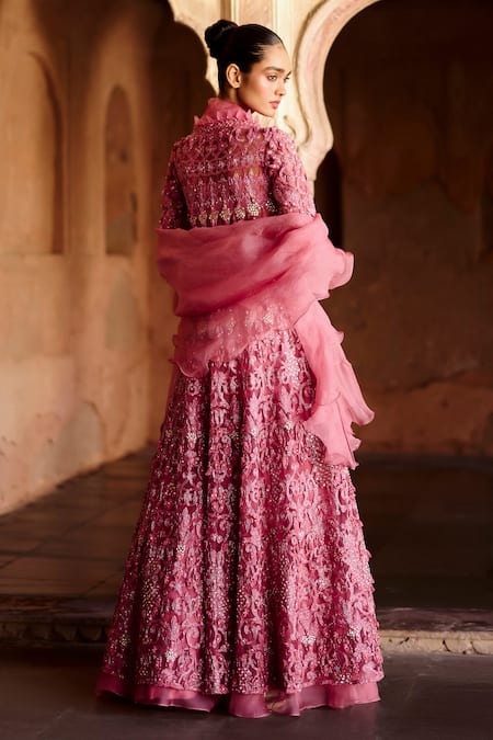 Shop Awigna Pink Net, Organza Pearls, Sequins, Fiori Floral Embroidered Jacket Lehenga Set at Aza Fashions Shop_Awigna_Pink Net, Organza Pearls, Sequins, Fiori Floral Embroidered Jacket Lehenga Set _at_Aza_Fashions