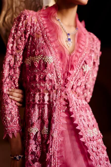 Awigna Pink Net, Organza Pearls, Sequins, Fiori Floral Embroidered Jacket Lehenga Set Online at Aza Fashions Awigna_Pink Net, Organza Pearls, Sequins, Fiori Floral Embroidered Jacket Lehenga Set _Online_at_Aza_Fashions