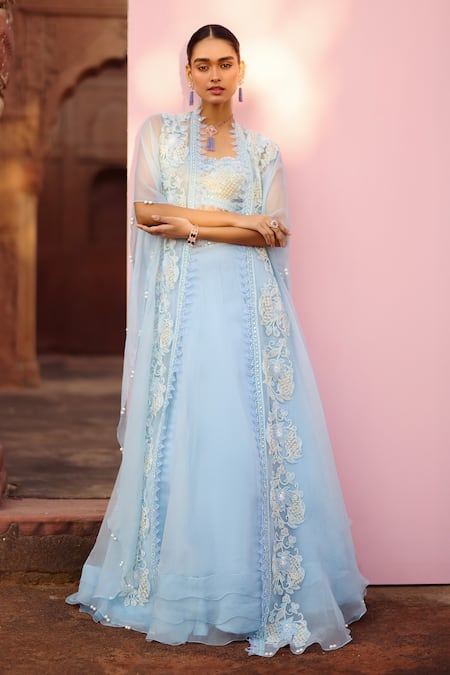 Shop Awigna Blue Organza, Net Pearls, Petunia Jaal Embroidered Asymmetric Cape Lehenga Set at Aza Fashions Shop_Awigna_Blue Organza, Net Pearls, Petunia Jaal Embroidered Asymmetric Cape Lehenga Set _at_Aza_Fashions