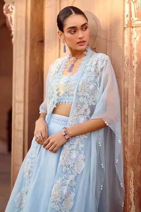 Awigna Blue Organza, Net Pearls, Petunia Jaal Embroidered Asymmetric Cape Lehenga Set Online at Aza Fashions Awigna_Blue Organza, Net Pearls, Petunia Jaal Embroidered Asymmetric Cape Lehenga Set _Online_at_Aza_Fashions