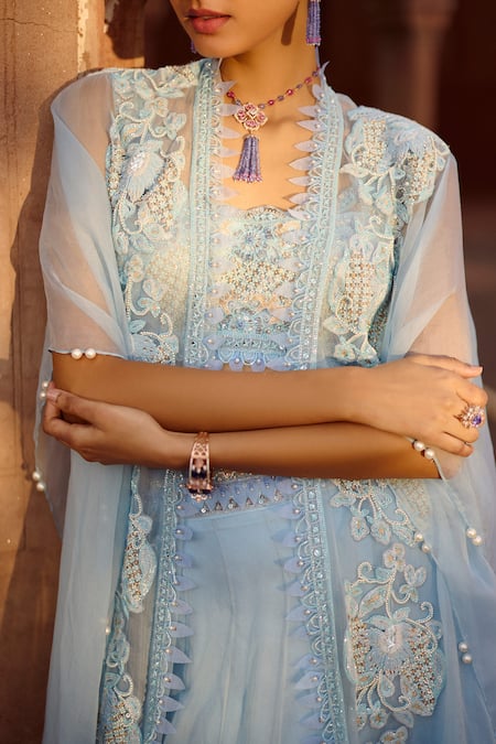 Buy Awigna Blue Organza, Net Pearls, Petunia Jaal Embroidered Asymmetric Cape Lehenga Set Online at Aza Fashions Buy_Awigna_Blue Organza, Net Pearls, Petunia Jaal Embroidered Asymmetric Cape Lehenga Set _Online_at_Aza_Fashions