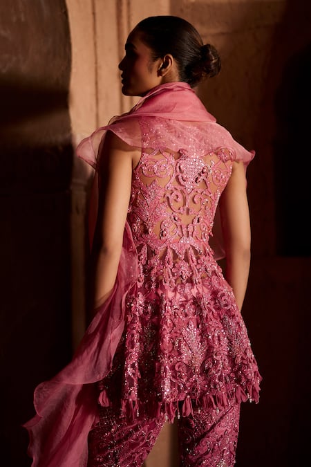 Shop Awigna Pink Net, Organza Beads, Begonia Embroidered Peplum Kurta Boot-cut Pant Set at Aza Fashions Shop_Awigna_Pink Net, Organza Beads, Begonia Embroidered Peplum Kurta Boot-cut Pant Set _at_Aza_Fashions