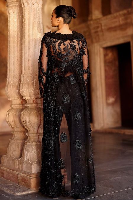 Shop Awigna Black V-neck, Racerback Floral Applique Embroidered Cape Pant Set at Aza Fashions Shop_Awigna_Black V-neck, Racerback Floral Applique Embroidered Cape Pant Set _at_Aza_Fashions