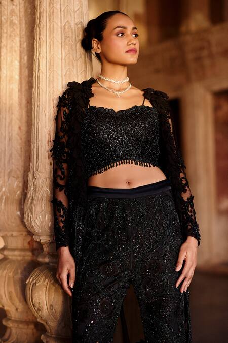 Awigna Black V-neck, Racerback Floral Applique Embroidered Cape Pant Set Online at Aza Fashions Awigna_Black V-neck, Racerback Floral Applique Embroidered Cape Pant Set _Online_at_Aza_Fashions